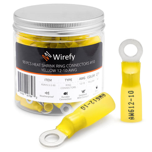 Wirefy 90 PCS Heat Shrink Ring Terminals #10 - Resistant Ring Connectors for Eyelet Wire Connectors - Yellow 10-12 AWG