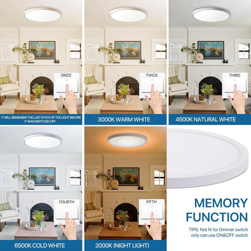 Dimmable 24W 2400LM, 12Inch, 2000K 3000K-6500K, 1 Pack LED Flush Mount Ceiling Light Fixture with Remote Control, Warm