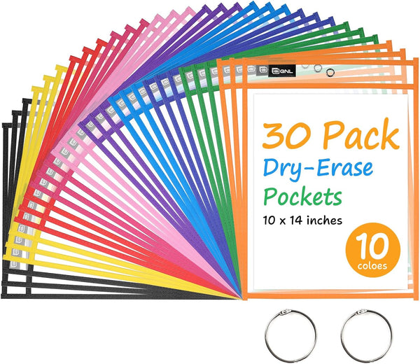 GNL Dry Erase Pocket Sleeves 30 Packs, Reusable Clear Plastic Ticket Holders with
