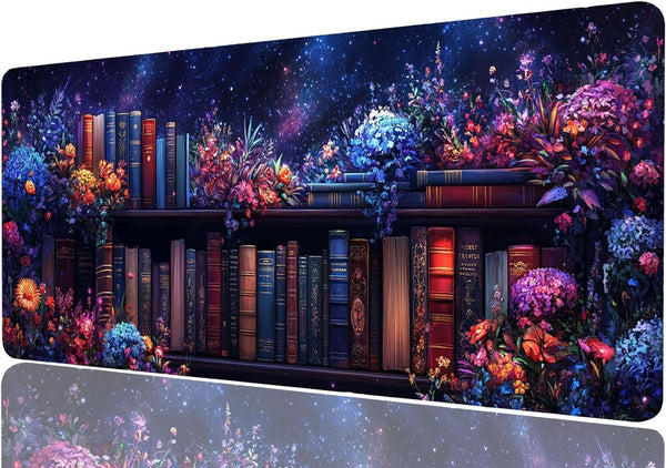 FZAZMLT Purple Bookshelf Large Mouse Pad Floral Books Magic Fantasy Witchy Mousepad XL
