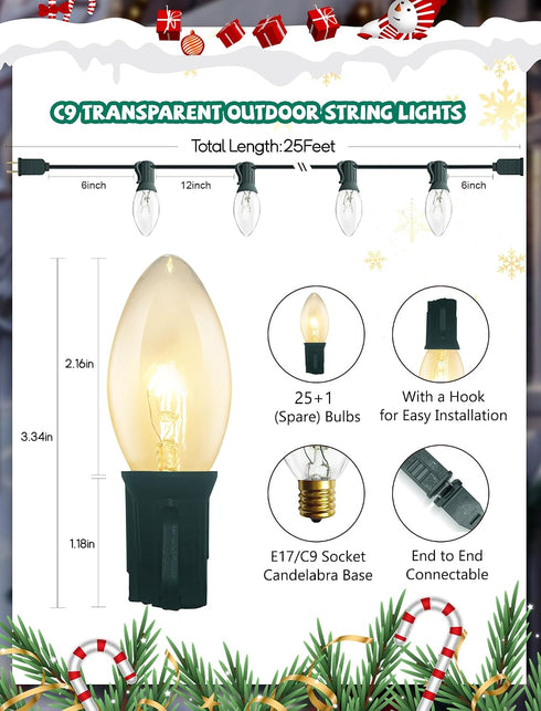 C9 25Ft 26 C9 Bulbs, Clear Christmas Lights, Vintage Outdoor String Lights with Clear Hanging Christmas Roofline Lights