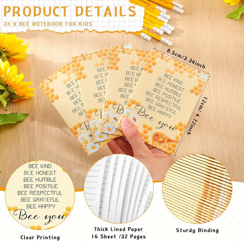 Bee Themed Gift Sets, 24 Bee Notebooks and 48 Bee Pencils, Mini Notebooks for Kids Back to School Gifts