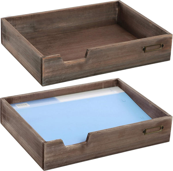 MyGift Set of 2 Stackable Vintage Brown Wood Document Letter Paper Trays with Distressed Finish for Office Desktop