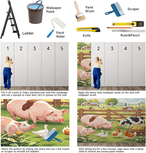 MazoAzuria Farmhouse Animal Wall Mural, Pig Dairy Cow Wallpaper, Farm Chicken Murals for Bedroom Living Room Dining