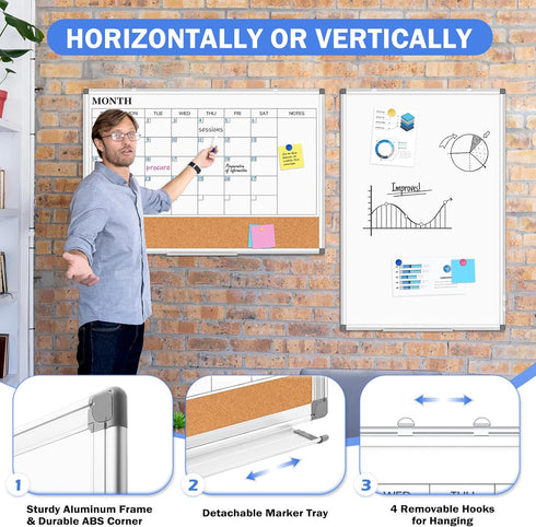 Monthly Calendar Whiteboard Dry Erase Cork Board Combo, 30" x 20" Magnetic Double-Sided Calendar