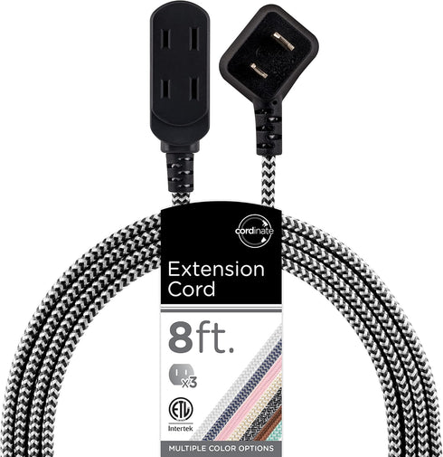 Cordinate Designer 3-Outlet Extension Cord, 8 Ft Cable with Flat Plug, Black/White