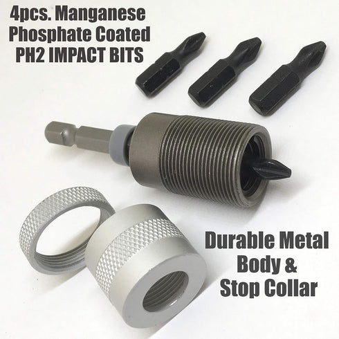 Adjustable Clutch ELECTRIC DRILL to SCREWGUN CONVERTER, Manganese S2 Phillips 2 Bit, 1/4 Shank, Fits Corded Cordless
