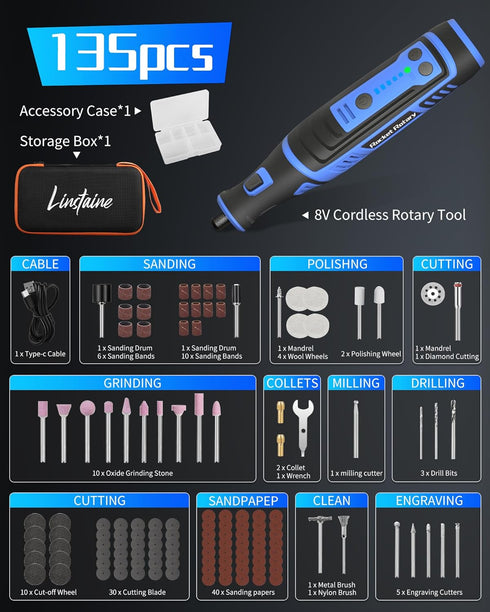 8V 135pcs 2.8Ah 5-Speed 30000RPM Cordless Rotary Tool Kit with Accessories, Battery Rechargeable Engraving Pen with LED