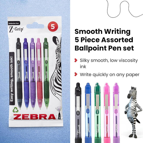 Zebra Pen Z Grip Smooth Multi-Coloured & Black Ballpoint Pens - 5 Pack - Medium Point Retractable Pens