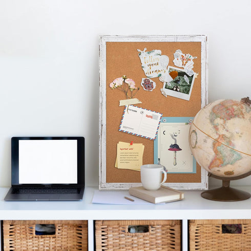 White Cork Board Bulletin Board, 24" x 18" Wooden Framed, Decorative Hanging Pin Board for Office Home School