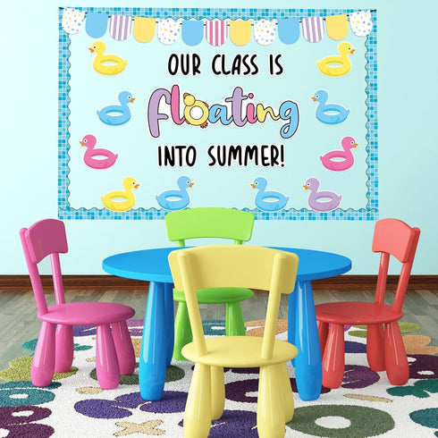 Summer Bulletin Board Decorations, Floating Into Summer Classroom Border Duck Pool Float Paper Cutouts