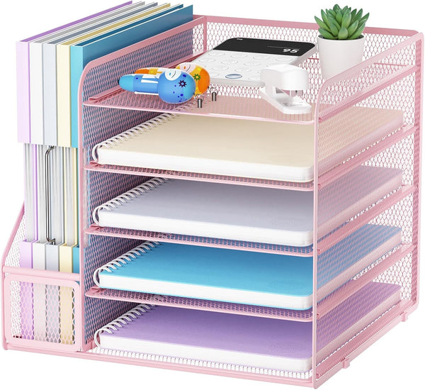 Marbrasse 5-Tier Paper Letter Tray Organizer, Mesh File Organizer for Desk, Pink
