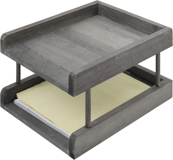 MyGift 2-Tier Rustic Gray Wood Paper File Organizer, In and Out Tray for Office Desktop Document Holder Rack