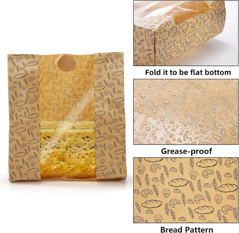 100 Pack 10.8"x10"x4" 100 Packaging Hacaroa Paper Bread Bags with Clear Window, Kraft Bakery Bag with Stickers, Brown