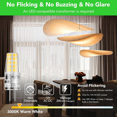 5 Pack G4 Bulb 2W 30W 3000K 250 360Beam T3 Bulb Bulbs, 12V G4 BUBO LED Equivalent Warm White Lumens Angle, Halogen