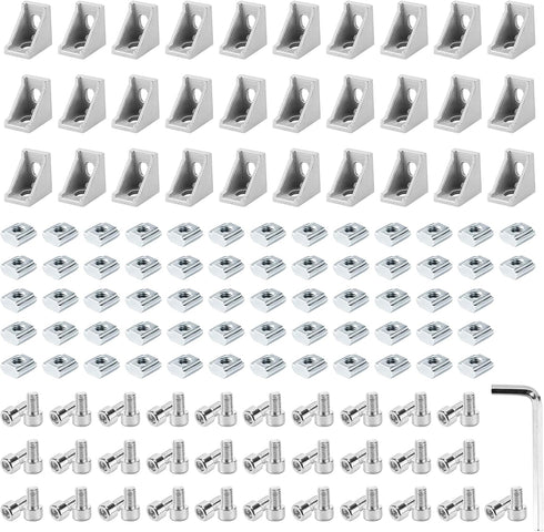 30 Set Silver 2020 Series Aluminum Extrusion Profile Connector, Includes Wrench and Corner Brackets