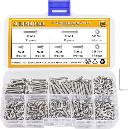 320 Pieces M3 Stainless Steel Button Head Hex Socket Head Cap Bolts Screws Nuts Assortment Kit with Wrench