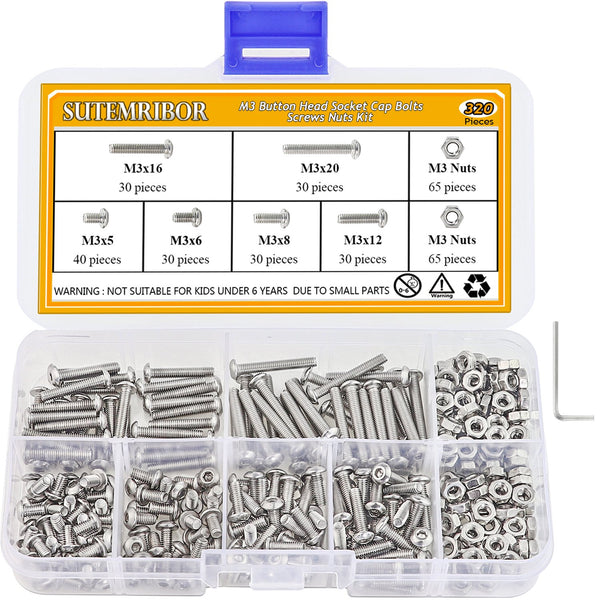 320 Pieces M3 Stainless Steel Button Head Hex Socket Head Cap Bolts Screws Nuts Assortment Kit with Wrench