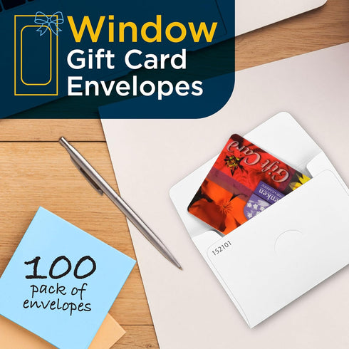 Guardian Gift Card Envelopes with Clear Window, Pack of 100 Blank Small Envelopes for Gift Cards, Business Cards, Key Cards, and More, 2 ½ Inches x 3 ? Inches, White