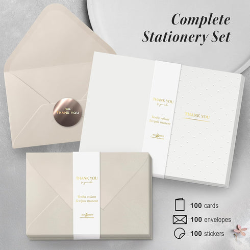 RUN2PRINT Pack 100 Luxury Thank You Cards with Envelopes & Gold Foil Stickers - Bulk of Elegant Blank Notes