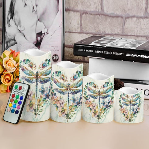 Set 4 Dragonfly Floral Flameless Candles with Remote Timer Flickering LED Pillar Candles Color Changing of Battery