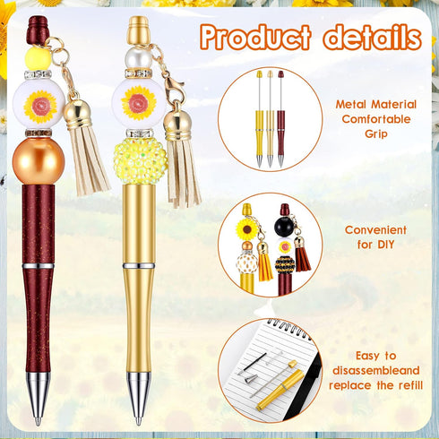 Teling 12 Pcs Beadable Pens, Plastic Black Ink Ballpoint Pen with Assorted Spacer Beads for DIY