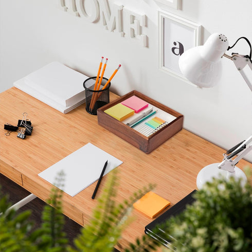 Desk Accessories Tray, 9.5x6.7x2 inch Office Box Tray for Pens, Stapler, Notes, Wooden Stationery Saver