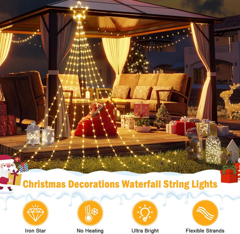 344 11.8ft 9 8 Christmas Decorations Star String Lights - LED Strands Waterfall Tree Lights with Topper Star, Lighting
