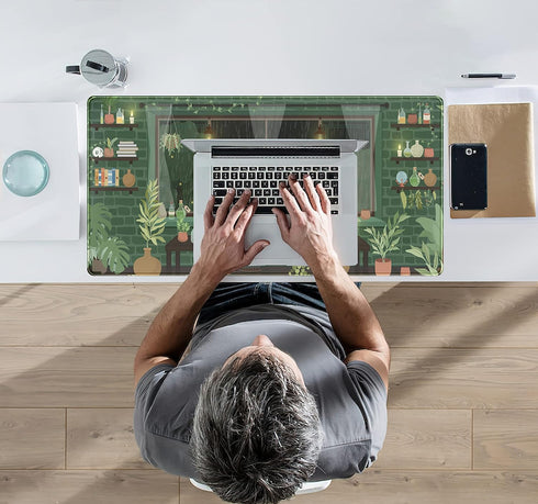 Cute Rainy Night Desk Mat, Green Plants Desk Pad, Anime Black Cat Kawaii Large Gaming Mouse Pad, Aesthetic XXL for Women