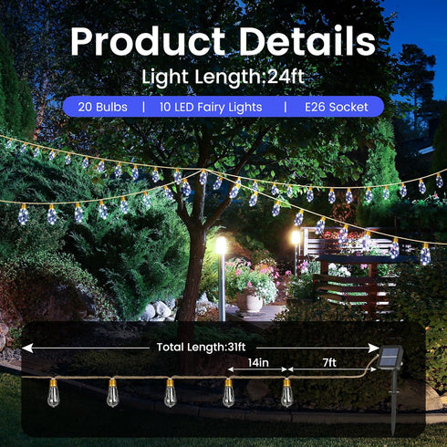 24Ft 20 Bulbs,Solar 8 Solar Outdoor String Lights Vintage Hemp Rope Solar Lights with Shatterproof Powered Patio String