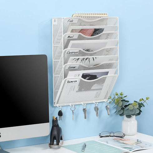 EasyPAG Wall Mount File Organizer with Key Hooks, 5 Pocket Vertical Mesh Holder for Office and Home