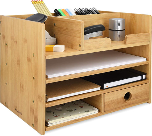 Navaris Bamboo Desk Organizer, Wood Desktop Storage Drawers for Organizing Stationery and Documents