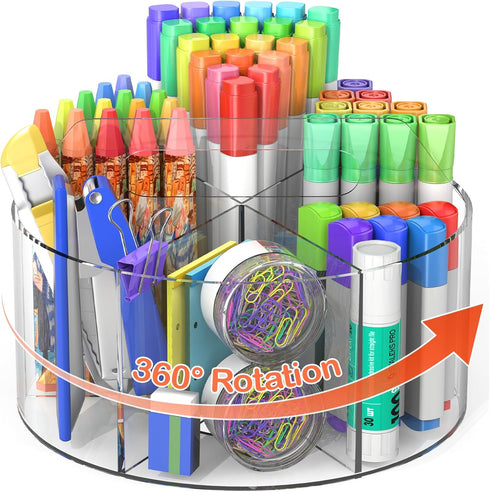 Large Acrylic Pen Holder, 360 Degree Rotating Desk Organizer with 6 Compartments, Office Marker Storage Caddy