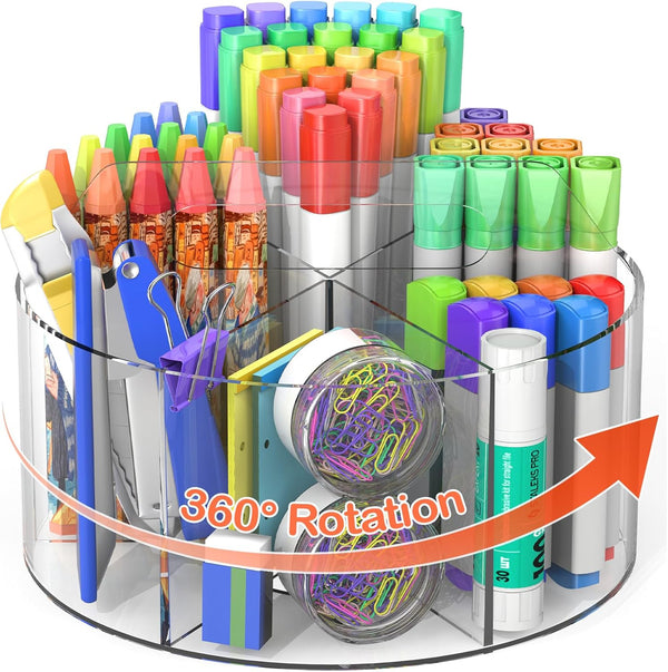 Large Acrylic Pen Holder, 360 Degree Rotating Desk Organizer with 6 Compartments, Office Marker Storage Caddy