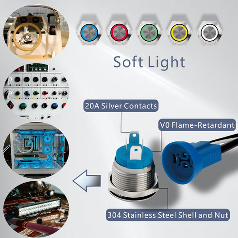 LED Latching Stainless Steel Push Button Switch, 12-24V DC 20A 1NO On Off with Wire Socket