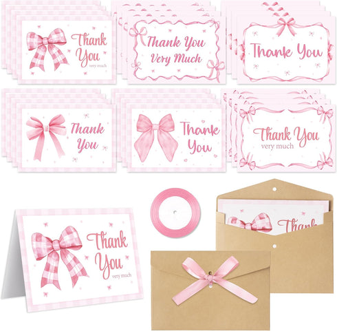CY2SIDE Pink Bow Greeting Card - 24set Coquette Thank You Card with