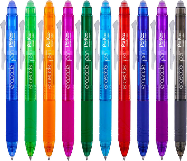 ParKoo Retractable Erasable Gel Pens, Clicker, Fine Point 0.7mm, Assorted Color Inks, 10-Pack