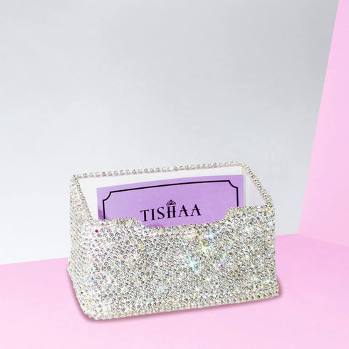 TISHAA Bling Business Card Holder Stand, Luxury Display Pocket Case for Office Desk Organizer with White Crystal