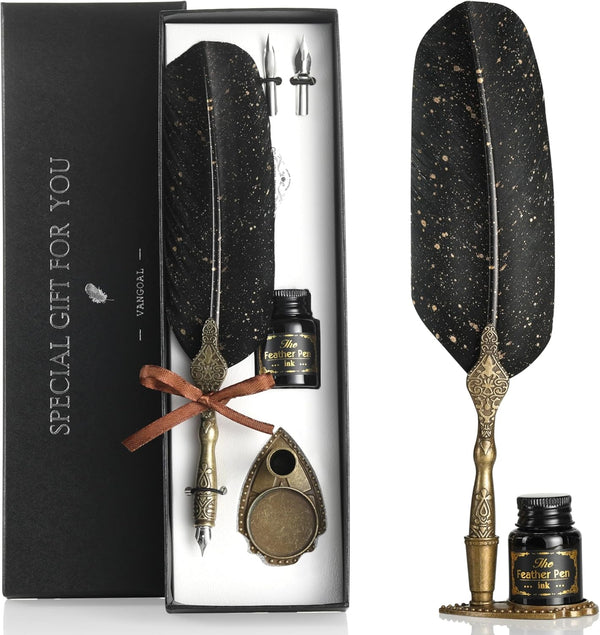 VANGOAL Vintage Black Feather Pen and Ink Set, Classic Series Goose Quill, Calligraphy Nibs, Black Dip Ink, Antique
