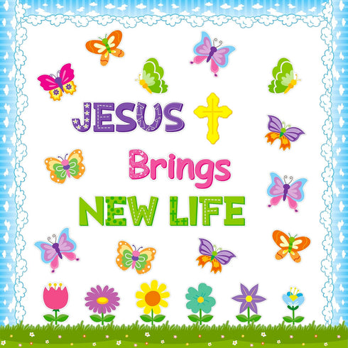 Yopyame 94PCS Bulletin Board Set, Jesus Brings New Life, Spring Butterfly Flowers, Easter Decor