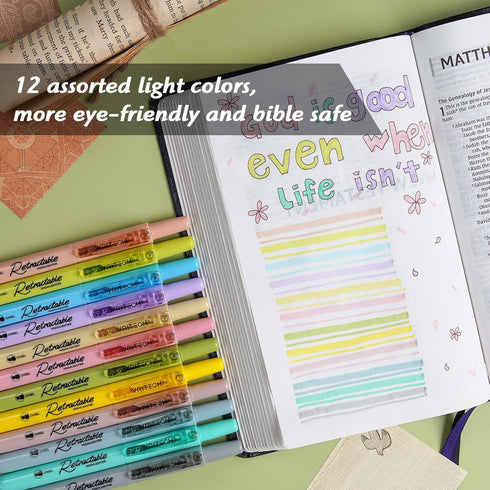 WRITECH Retractable Bible Highlighters, 12 Pack Pastel Colors No Bleed Aesthetic Marker Pen