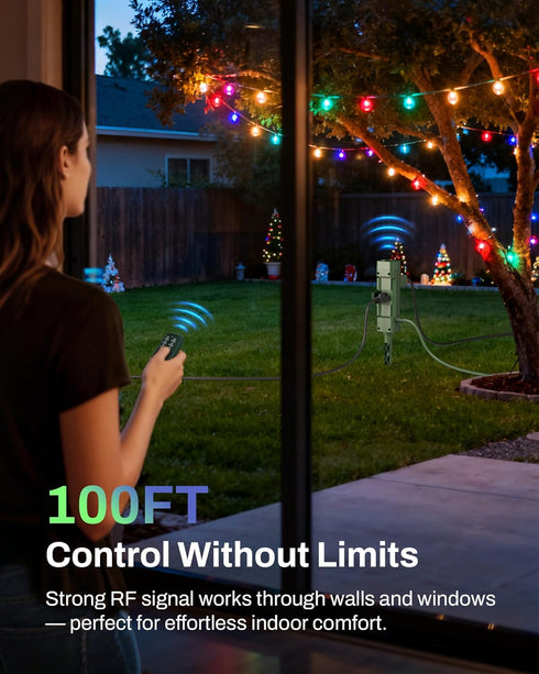 BN-LINK 100FT 6 6ft 1875W/15A,Christmas Outdoor Power Stake Timer, Wireless Remote Control, Dusk to Dawn Sensor