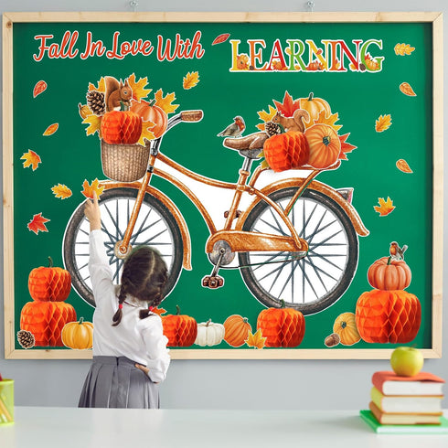 Blosssound Fall Bulletin Board Decorations Set, Autumn Cutouts, 3D Honeycomb Paper Pumpkin Maple Leaf for Thanksgiving