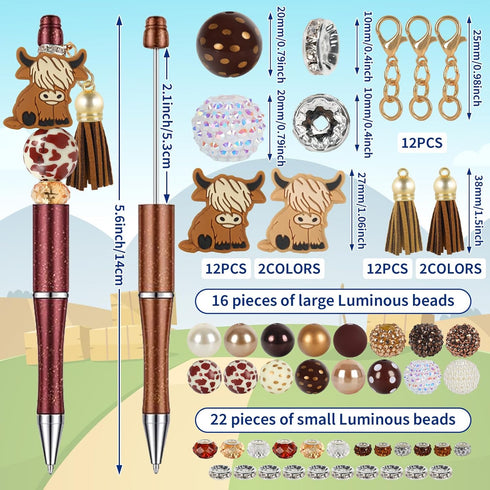 Beadable Pens Bulk Highland Cow Bead Pens with Assorted Colors Yak Gel Ink Pen DIY Making Kit Multicolor Ballpoint Pen Black Ink for Kids Students Office School, 12Sets/124Pcs