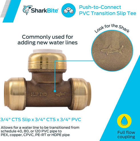 SharkBite 3/4 Inch CTS x 3/4 Inch CTS x 3/4 Inch PVC Slip Tee, Push To Connect Brass Plumbing Fitting