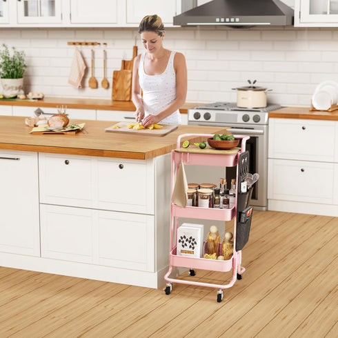 DTK 3 Tier Metal Utility Rolling Cart - Storage Organizer Cart with Table Top and Side Bags