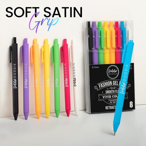 Loddie Doddie Vivid Gel Pens for Journaling and Note Taking 8 Pack, 0.7 mm Medium Point Smooth Writing Retractable Pens, No Bleed, Smear Smudge by Loddie Doddie