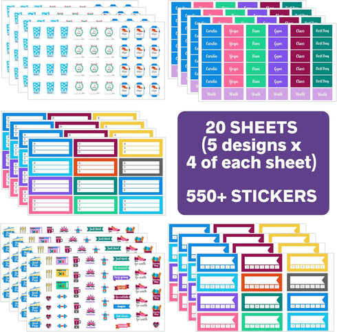 Health and Fitness Planner Stickers Set - Large Value Pack of 20 Sheets for Health, Exercise, and Meal Planning