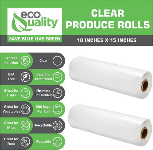 10x15 500 (4) EcoQuality Plastic Produce Bags on a Roll - Bags, Clear Food Storage for Vegetables, Fruits, Bread, Pet