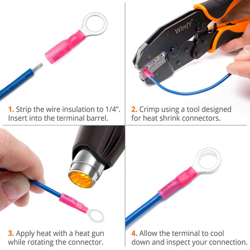Wirefy 150 PCS Heat Shrink Ring Terminals #8, Resistant Ring Connectors for Eyelet Wire Connections, Red 22-16 AWG
